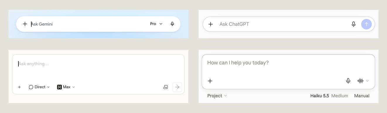 Examples of AI model interfaces with different, bespoke UI patterns
